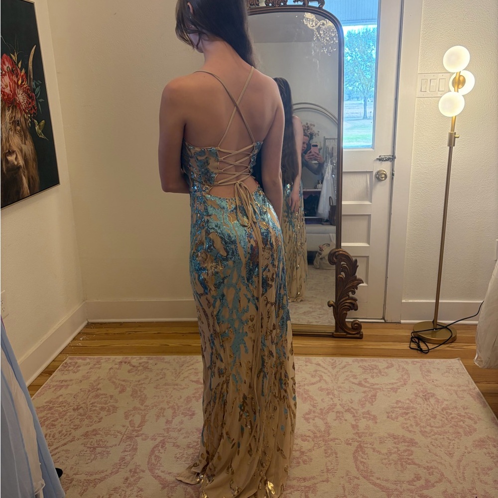 Elegant Blue and Gold Evening Gown